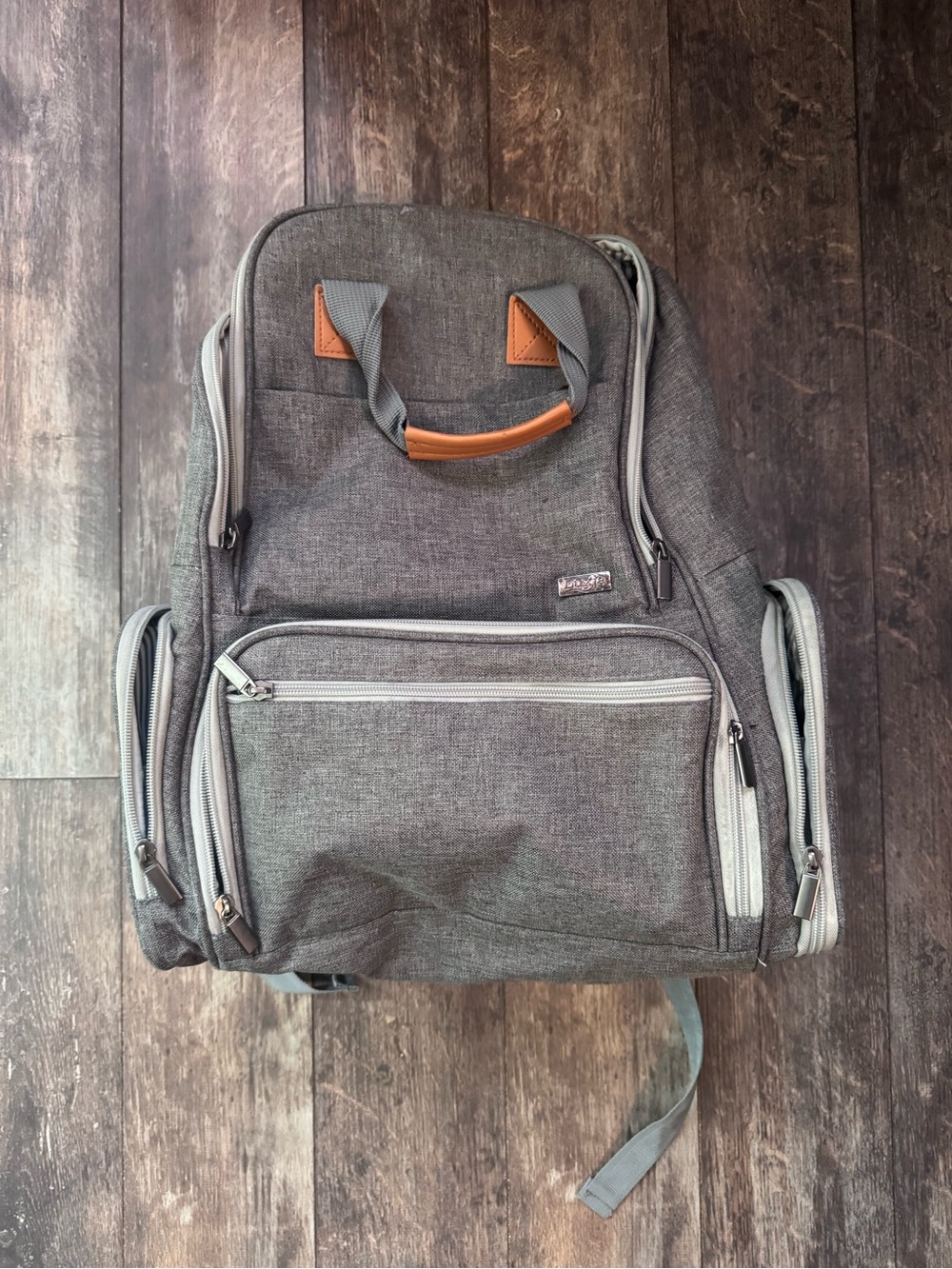 Gray Baby Diaper Backpack with Tan Accent Handle